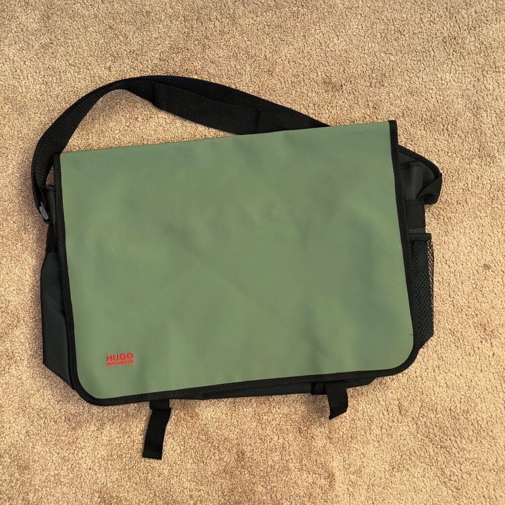Hugo Boss Olive Green Polyvinyl Messenger Laptop Shoulder Bag NWOT